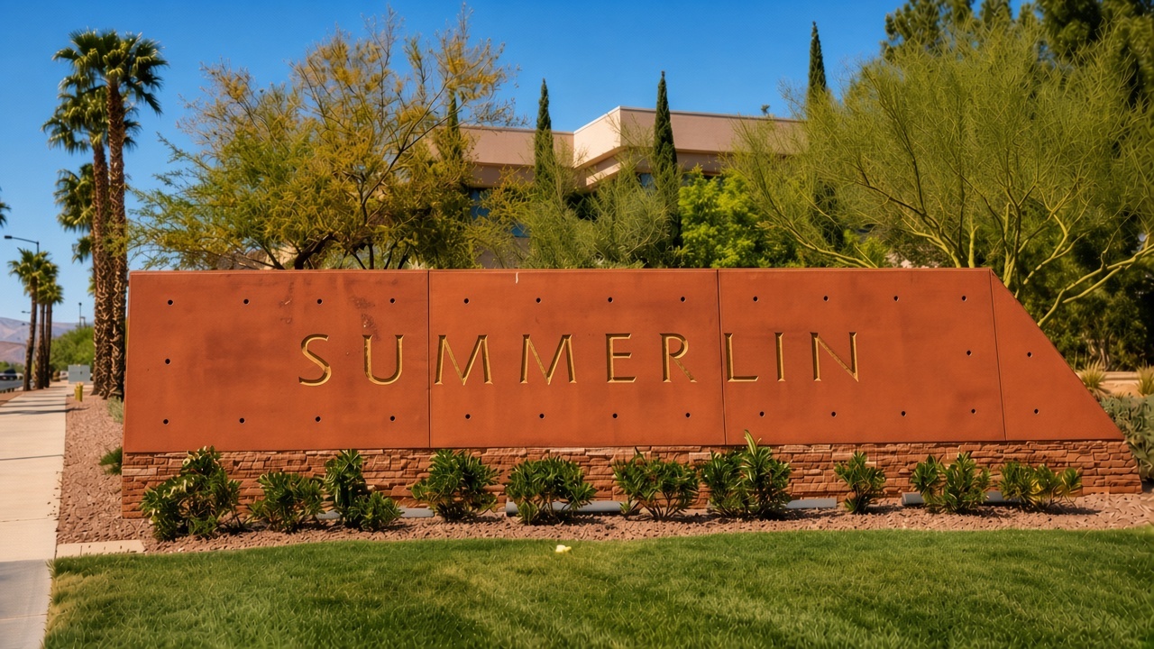 A rust-red stone monument sign reading SUMMERLIN in gold letters, with palm trees, desert plants, and a lawn in front under a blue sky, in Summerlin, Las Vegas, Nevada.