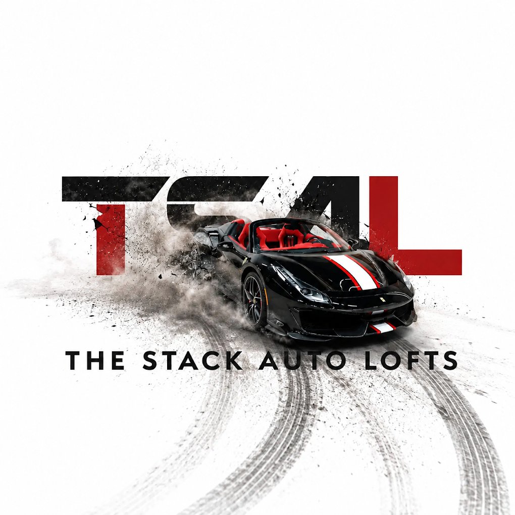 The Stack Auto Lofts logo with a black sports car and tire tracks