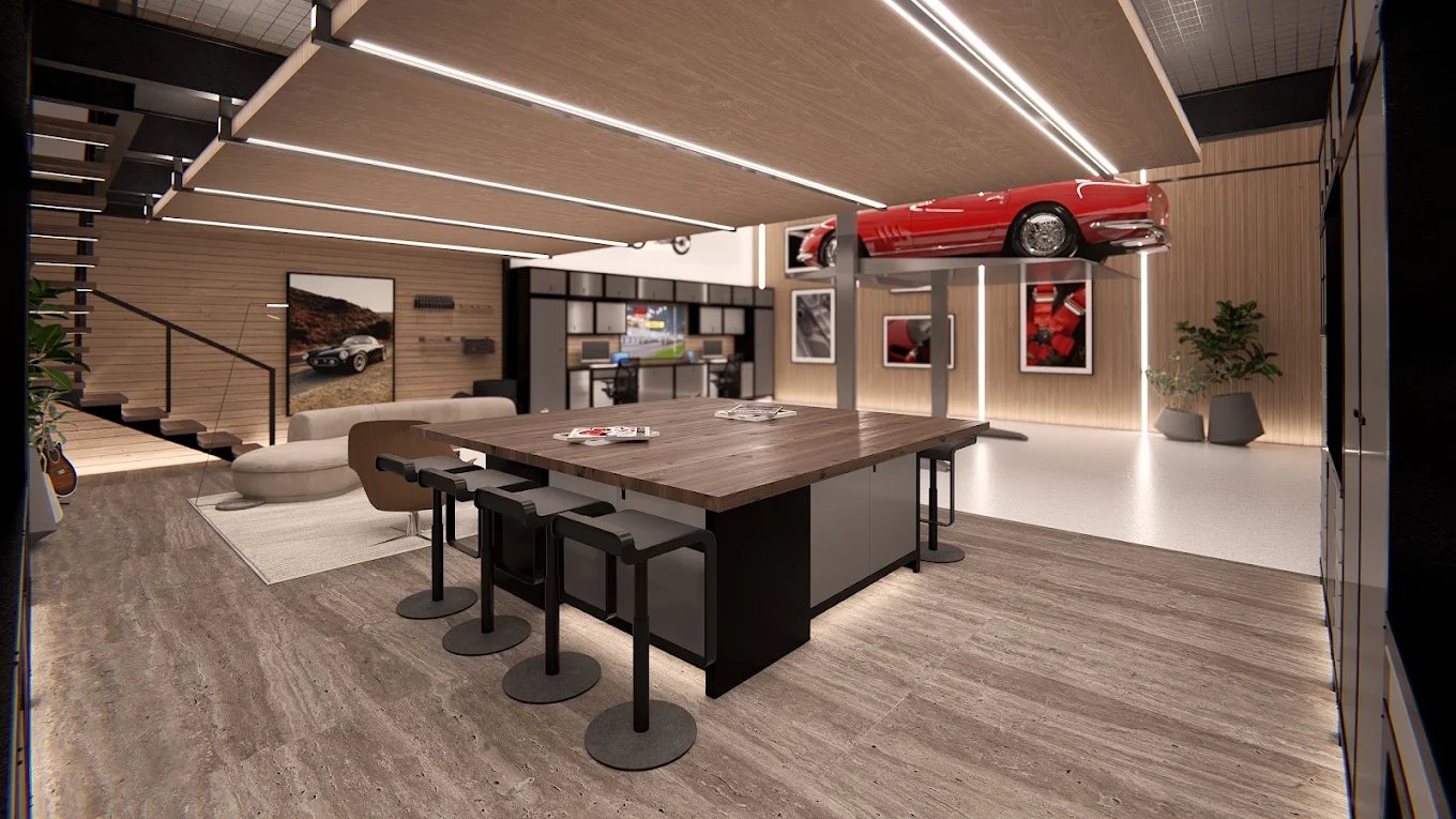 Rendering of a possible owner buildout with a kitchen island, lounge seating and a red car on a lift