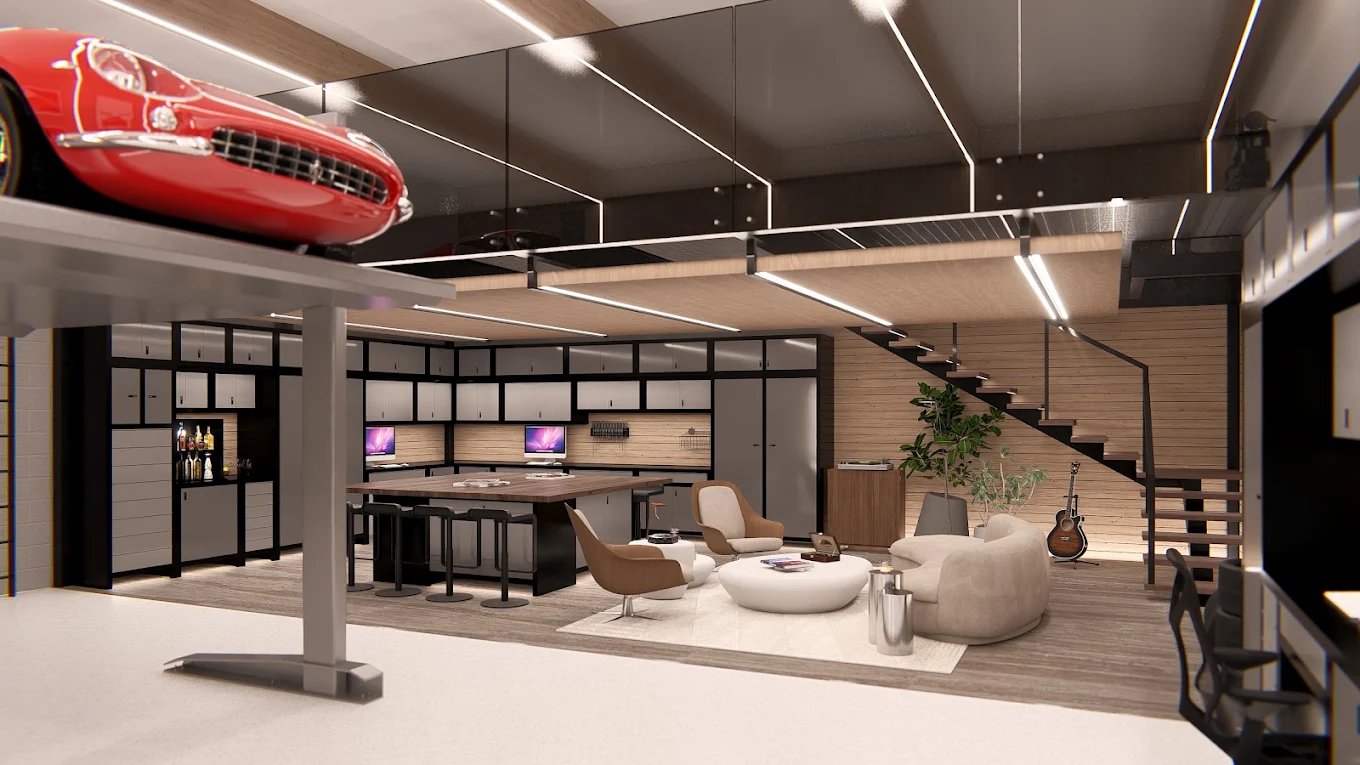 Rendering of a possible owner buildout with a lounge, office area and a red car on a lift